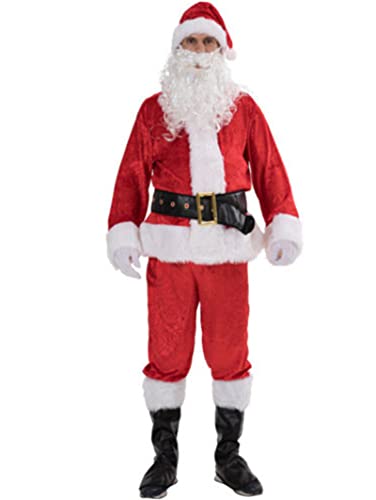 Disfraz de Papá Noel para adulto de Navidad, disfraz de Papá Noel Deluxe Furry Santa de Outfit Cosplay disfraz Barbe abrigo pantalón sombrero Accesorios Conjunto (B rojo adulto S)