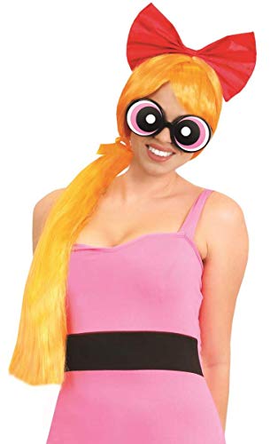 DISFRAZ OFICIAL DE POWERPUFF GIRLS BLOSSOM CON LICENCIA. TRAJE ICÓNICO DE PERSONAJE DE DIBUJOS ANIMADOS DE LOS 90 VESTIDO ROSA, MEDIAS BLANCAS, GAFAS ROSAS Y PELUCA. TALLA: X-GRANDE