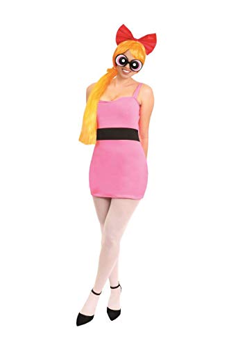 DISFRAZ OFICIAL DE POWERPUFF GIRLS BLOSSOM CON LICENCIA. TRAJE ICÓNICO DE PERSONAJE DE DIBUJOS ANIMADOS DE LOS 90 VESTIDO ROSA, MEDIAS BLANCAS, GAFAS ROSAS Y PELUCA. TALLA: X-GRANDE