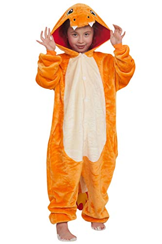 Dolamen Niños Unisexo Onesies Kigurumi Pijamas, Niña Traje Disfraz Animal Pyjamas, Ropa de Dormir Halloween Cosplay Navidad Animales de Vestuario (120-130CM (47"-51"), Charmander)