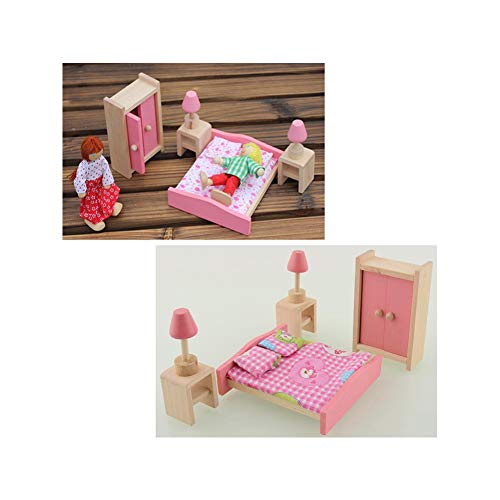 Dormitorio De Madera Playset Playset, Muebles De La Casa De Muñecas Juguete De Madera, Pretender Play Casa De Muñecas Conjunto De Mesa De Cama Lámpara De Mesa Closet Manta Casa De Muñecas Diy