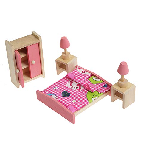 Dormitorio De Madera Playset Playset, Muebles De La Casa De Muñecas Juguete De Madera, Pretender Play Casa De Muñecas Conjunto De Mesa De Cama Lámpara De Mesa Closet Manta Casa De Muñecas Diy