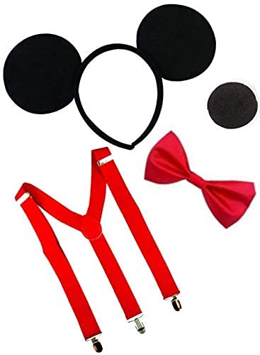 Dreamzfit - Kit de disfraz de Mickey Mouse para hombre adulto ~ diadema negra con oreja, nariz, tirantes rojos y pajarita – despedida de soltero para carnaval, cosplay temático