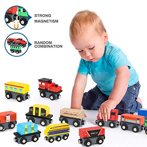 E-More Juego de Juguetes con Forma de Coche de Madera - Juego de 12 vehículos para niños de 3 años en adelante - Adecuado para los ferrocarriles de Madera