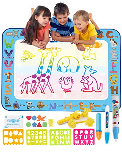 E-SMARTER Agua Dibujo Pintura, 100x 80 cm Alfombra Magica Agua, Reutilizable Pizarra Agua con Bolígrafos Mágicos Sello, Juguetes Niños Niña Niño, Regalos Niña Niño, Juguete Educativo