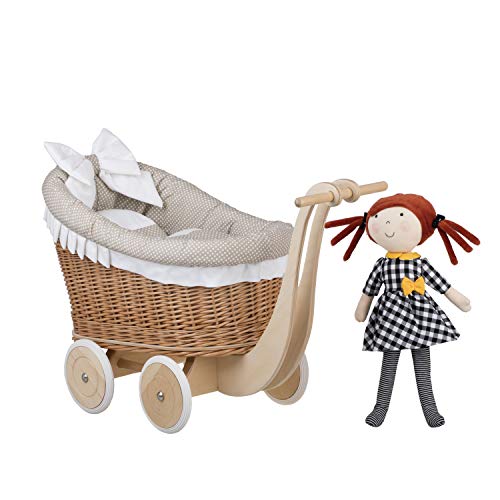 e-wicker24 Un carrito, una cama para muñecas de mimbre, juguete de mimbre.