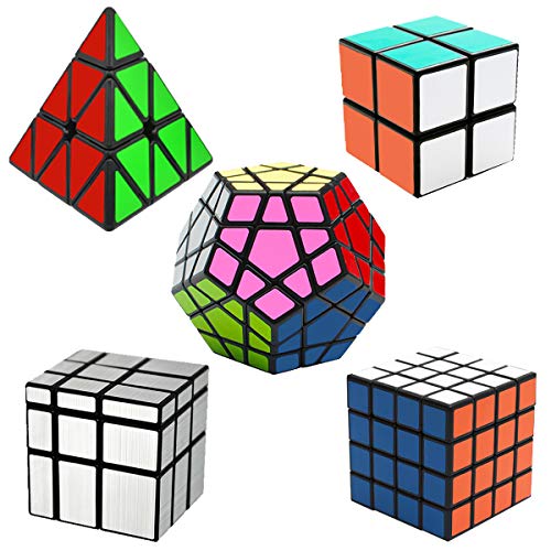 EASEHOME Speed Magic Puzzle Cube Megaminx + Pyraminx + Espejo + 2x2x2 + 4x4x4 in Giftbox, 5 Pack Rompecabezas Cubo Mágico PVC Pegatina para Niños y Adultos, Negro