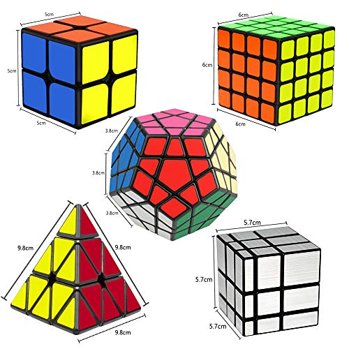 EASEHOME Speed Magic Puzzle Cube Megaminx + Pyraminx + Espejo + 2x2x2 + 4x4x4 in Giftbox, 5 Pack Rompecabezas Cubo Mágico PVC Pegatina para Niños y Adultos, Negro