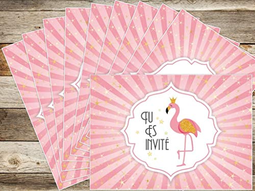 Edition Colibri - Lote de 10 invitaciones en francés con flamenco rosa: juego de 10 tarjetas de invitación para un cumpleaños de niñas de las (11006 FR)