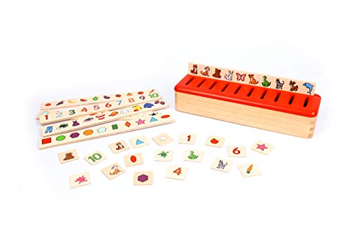 edu fun 31100 Puzzle Caja de Surtido de Juguetes de Motricidad Caja con tapa Madera Juguete de aprendizaje Juguete De Madera De 100 Piezas 10 categorías Animales Formas Ropa Frutas Números