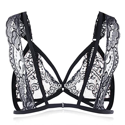 Egg n Chips London Sexy Women Perspective Lace Mesh Bralette Hollow out Intimate Temptation Fix Strap Bra Top Underwear Black / S