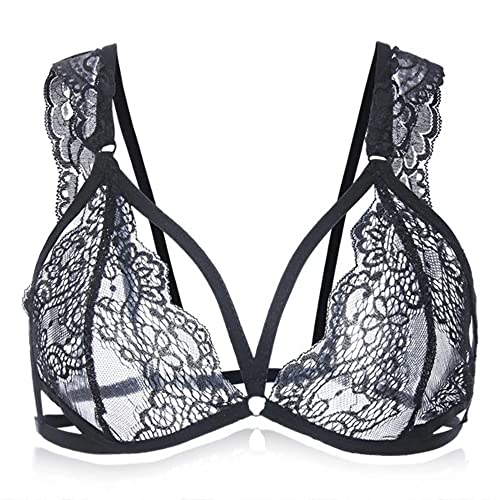 Egg n Chips London Sexy Women Perspective Lace Mesh Bralette Hollow out Intimate Temptation Fix Strap Bra Top Underwear Black / S