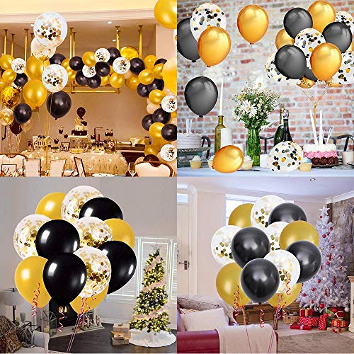 Elion Globos de Fiesta, Globos de Latex, Globos de Oro Negro, 60 Piezas Globos Helio de Confeti para Decoraciones de Cumpleaños,Navidad, Aniversario, Boda Graduación Halloween Decoraciones