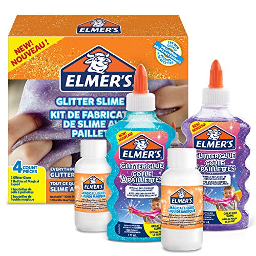 Elmer’s Kit Slime con Purpurina, Pegamento Morado y Azul + 2 Botellas de activador líquido mágico, 4 Unidades + Solución líquido mágico Slime de Pegamento, 259 ml, Adecuado para Hacer Slime