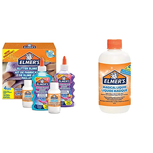 Elmer’s Kit Slime con Purpurina, Pegamento Morado y Azul + 2 Botellas de activador líquido mágico, 4 Unidades + Solución líquido mágico Slime de Pegamento, 259 ml, Adecuado para Hacer Slime