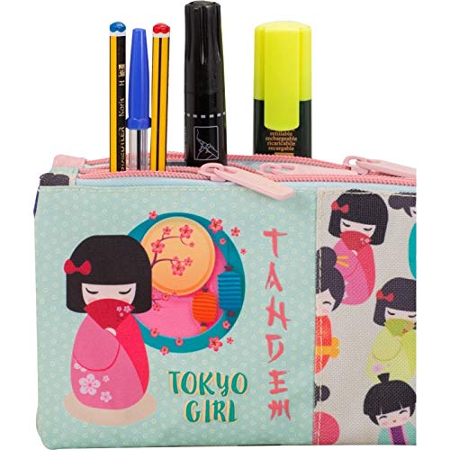 Estuche Escolar Tandem Tokio Girl | Estuche Escolar Tres Cremalleras, Estuche Escolar Triple con Compartimentos Independientes de Gran Capacidad con Cremallera Metalica Gruesa - Medidas 23 x 11 x 4 cm