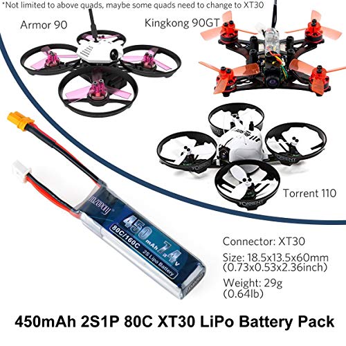 FancyWhoop 2 unids 450mAh 2S 7.4V LiPo Battery Pack 80C XT30 Conector para Micro FPV Racing Drone Quadcopter