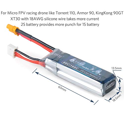 FancyWhoop 2 unids 450mAh 2S 7.4V LiPo Battery Pack 80C XT30 Conector para Micro FPV Racing Drone Quadcopter