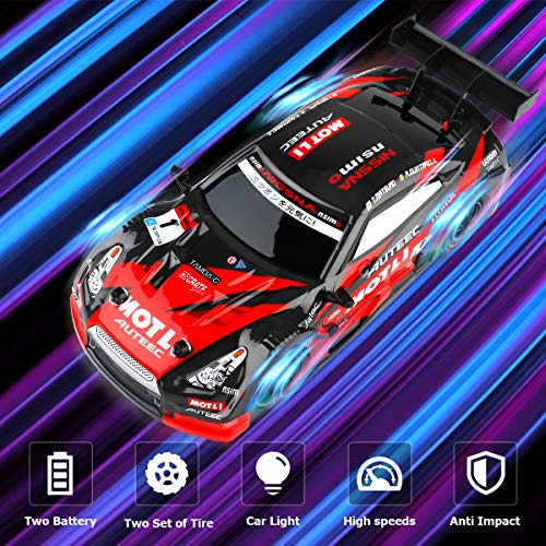 FancyWhoop GT Drift Car RC Sport Racing Car High Speed Drift Vehicle 1/16 RC Car para Adultos Niños Regalos, Vehículo 4WD RTR con luz LED, Dos baterías y neumáticos Drift - Rojo