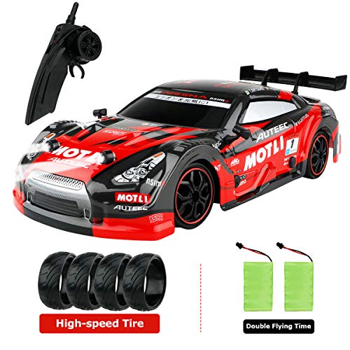 FancyWhoop GT Drift Car RC Sport Racing Car High Speed Drift Vehicle 1/16 RC Car para Adultos Niños Regalos, Vehículo 4WD RTR con luz LED, Dos baterías y neumáticos Drift - Rojo