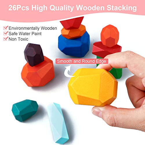 FancyWhoop Stacking Stones Building Blocks Toy 26Pcs Piedras Apilables Juego de Apilamiento de Madera Equilibrio Juguete Educativo Juego de Rocas de Madera Bloques de Piedra para Niños Niñas