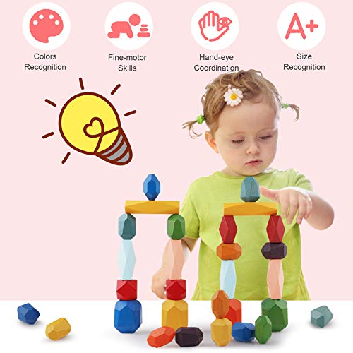 FancyWhoop Stacking Stones Building Blocks Toy 26Pcs Piedras Apilables Juego de Apilamiento de Madera Equilibrio Juguete Educativo Juego de Rocas de Madera Bloques de Piedra para Niños Niñas