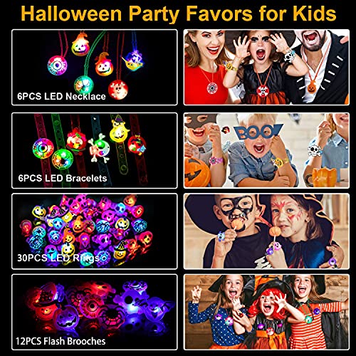 Favores de fiesta de Halloween para niños - 54 piezas Juguetes de Halloween Anillos Collares Pulseras Broches LED Juguetes de Halloween para niños Suministros de fiesta para decoraciones de Halloween