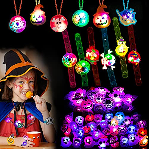 Favores de fiesta de Halloween para niños - 54 piezas Juguetes de Halloween Anillos Collares Pulseras Broches LED Juguetes de Halloween para niños Suministros de fiesta para decoraciones de Halloween