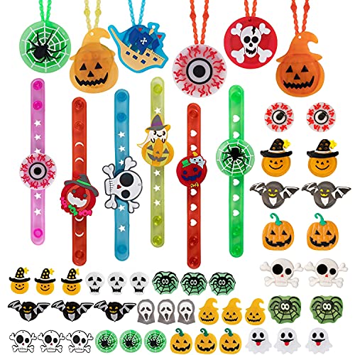 Favores de fiesta de Halloween para niños - 54 piezas Juguetes de Halloween Anillos Collares Pulseras Broches LED Juguetes de Halloween para niños Suministros de fiesta para decoraciones de Halloween