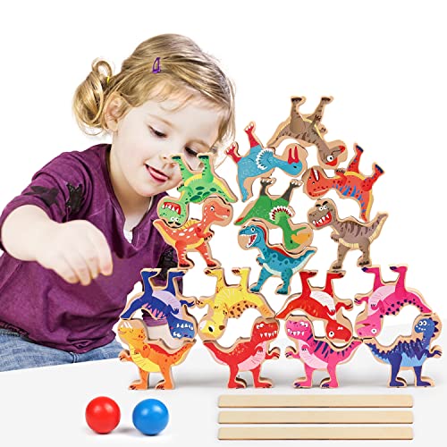 FDTEK Juguete Dinosaurio Apilable de Madera，Juguete de Jenga de Equilibrio，Juego Educativo Montessori para Niños, Regalos de Cumpleaños y Navidad para Niños y Niñas de 3 a 7 Años