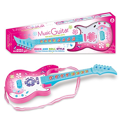 Foxom Guitarra eléctrica infantil de 53 cm, 4 cuerdas, guitarra de juguete infantil, juguete musical, guitarra eléctrica, regalo con iluminación LED, para niños y niñas, de 3 a 8 años