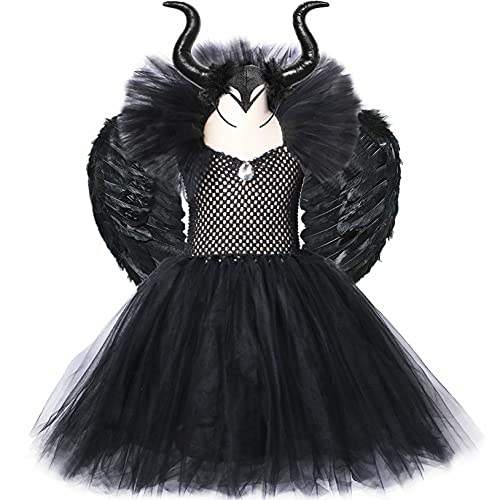 Freebily Disfraz Malefica para Niñas Disfraz Halloween Reina Bruja Vestido Tutú con Diadema de Cuernos y Alas de Demonio Disfraz Carnaval Fiesta Cosplay Niña Negro 9-10 años