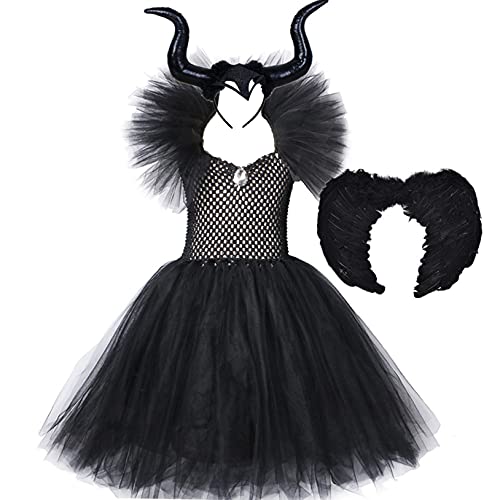 Freebily Disfraz Malefica para Niñas Disfraz Halloween Reina Bruja Vestido Tutú con Diadema de Cuernos y Alas de Demonio Disfraz Carnaval Fiesta Cosplay Niña Negro 9-10 años