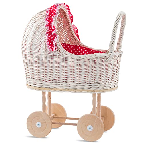 GaGaDumi Victoria Wicker Vi1 - Cochecito para muñecas (mimbre, incluye ropa de cama), color blanco