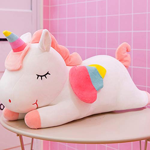 Garneck Almohada de Peluche de Unicornio Arcoiris Almohada de Peluche Lindo Cojín para Niños Niñas (Blanco 40Cm)