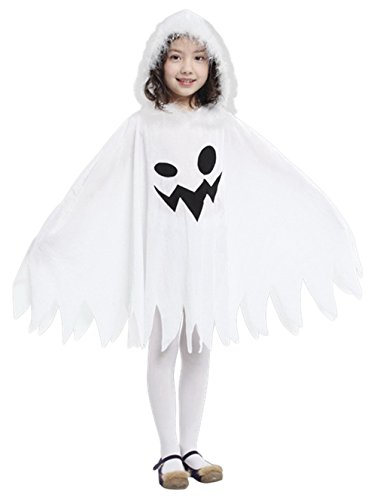 GEMVIE Disfraz de Fantasma Niña,Disfraz de Halloween Ghost blanco capa con capucha,Disfraz de Cosplay de Fiesta de Halloween y Carnaval (3-4 años)