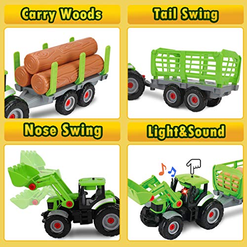 GILOBABY Juguete de montaje para coche, 2 en 1, vehículos de granja para niños, tractor, juguete con remolque, luz de sonido, regalo para niños a partir de 3, 4, 5, 6, 7, 8 años.