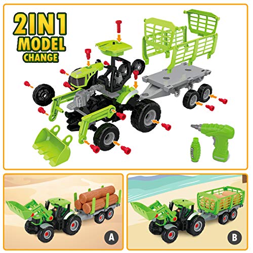 GILOBABY Juguete de montaje para coche, 2 en 1, vehículos de granja para niños, tractor, juguete con remolque, luz de sonido, regalo para niños a partir de 3, 4, 5, 6, 7, 8 años.