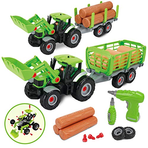 GILOBABY Juguete de montaje para coche, 2 en 1, vehículos de granja para niños, tractor, juguete con remolque, luz de sonido, regalo para niños a partir de 3, 4, 5, 6, 7, 8 años.