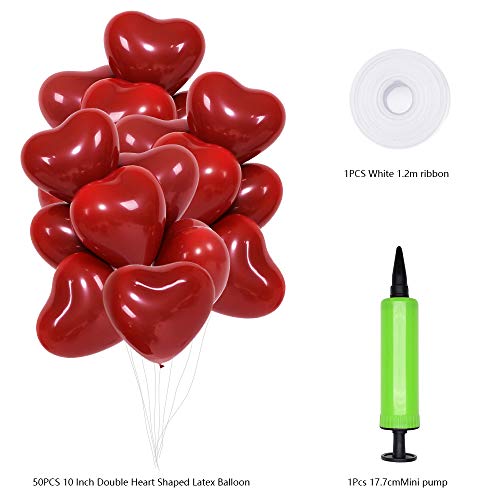 Globos de Corazón Rojo,hicoosee 12 Pulgadas Látex Helio Globos Románticos con Cinta Blanca y Bomba para el Día de San Valentín, Boda, Despedida de Soltera 50 Piezas