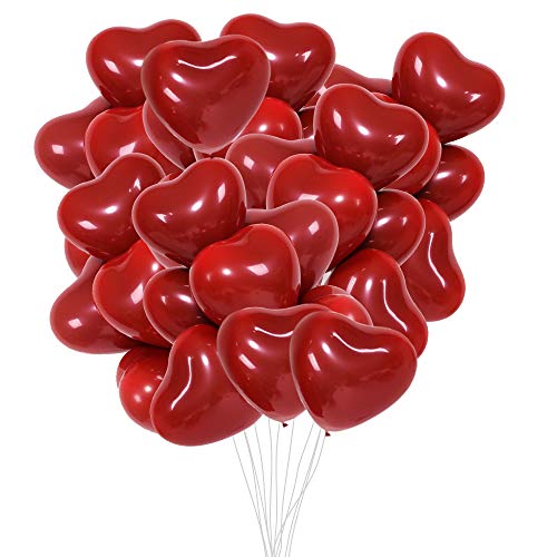 Globos de Corazón Rojo,hicoosee 12 Pulgadas Látex Helio Globos Románticos con Cinta Blanca y Bomba para el Día de San Valentín, Boda, Despedida de Soltera 50 Piezas