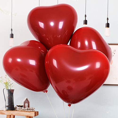 Globos de Corazón Rojo,hicoosee 12 Pulgadas Látex Helio Globos Románticos con Cinta Blanca y Bomba para el Día de San Valentín, Boda, Despedida de Soltera 50 Piezas