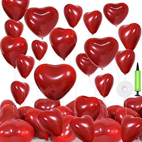 Globos de Corazón Rojo,hicoosee 12 Pulgadas Látex Helio Globos Románticos con Cinta Blanca y Bomba para el Día de San Valentín, Boda, Despedida de Soltera 50 Piezas