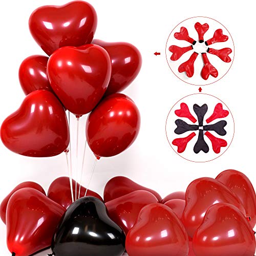 Globos de Corazón Rojo,hicoosee 12 Pulgadas Látex Helio Globos Románticos con Cinta Blanca y Bomba para el Día de San Valentín, Boda, Despedida de Soltera 50 Piezas