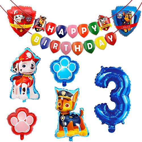 Globos de Patrulla Canina para Cumpleaños Infantiles, Animal Dog Foil Balloons, Juego de Decoración de Cumpleaños, Número 3 Helio Balloon, Pancarta de Feliz Cumpleaños, para Niños, 8 Piezas