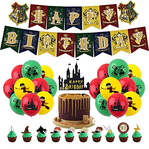 Globos Wizard Cumpleaños Fiesta Decoración Globos Pancarta de Feliz Cumpleaños Mago Adorno de Tarta para Niños Harry Potter Decoraciones de Fiesta Cumpleaños