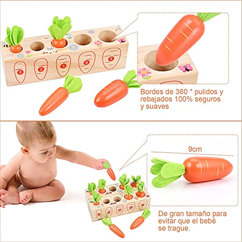 GOLDGE 2pcs Puzzle Juguetes Montessori 1 años, Juguetes de Madera para Bebés 1 año, Juguetes Educativos de Madera para Niños, Juego de Tirar de Zanahoria Números