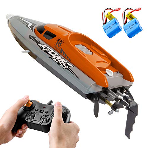 Goolsky Barco RC Control Remoto Barco 30KM / H IPV7 de Alta Velocidad Impermeable 2.4GHz Barco de Carreras de 4 Canales para Niños Adultos (Naranja, 2 Batería)