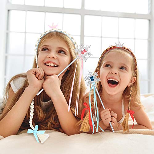 HAKOTOM 2PCS Diadema Trenza Princesa, Accesorios Trenzas Infántil, Trenzas Infántil Fiesta, Conjunto Accesorios Princesa, Diadema Princesa Niña con 2pcs Bastón de Copo Nieve Azul y Rosa para Carnival