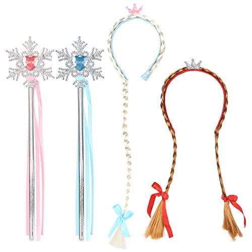 HAKOTOM 2PCS Diadema Trenza Princesa, Accesorios Trenzas Infántil, Trenzas Infántil Fiesta, Conjunto Accesorios Princesa, Diadema Princesa Niña con 2pcs Bastón de Copo Nieve Azul y Rosa para Carnival